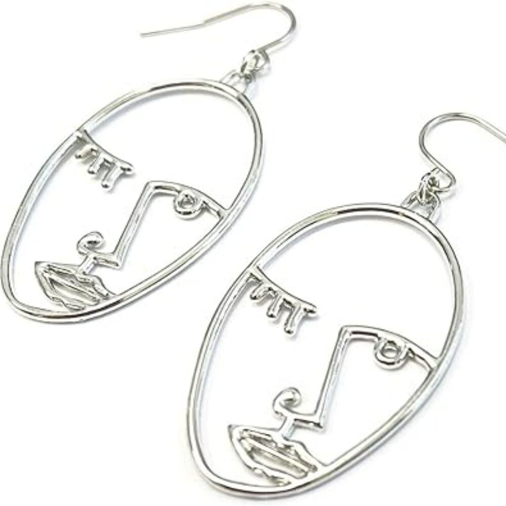 Silver Face Shaped Geometric Earring Abstract Alloy Hollowed Standout Set